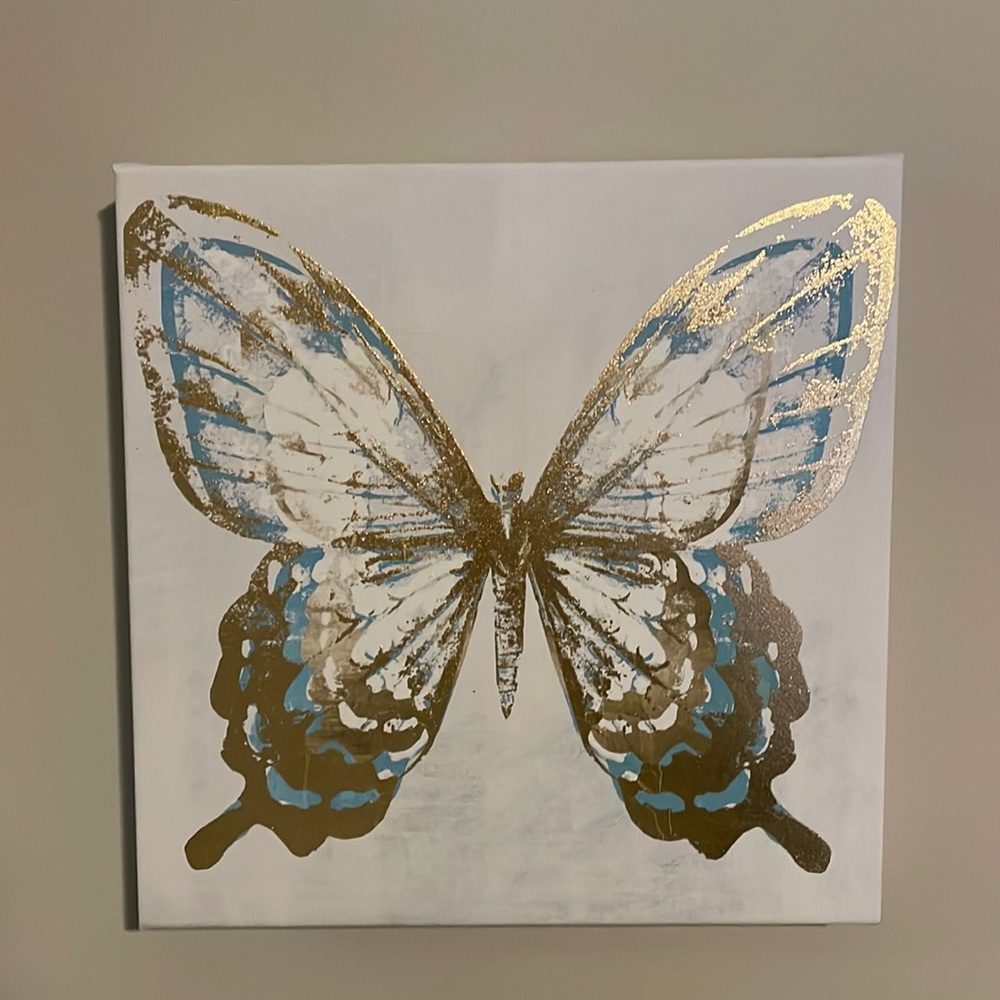 Blue, white, & gold butterfly BEBE canvas wall art. 12x12in 1 1/2in thick